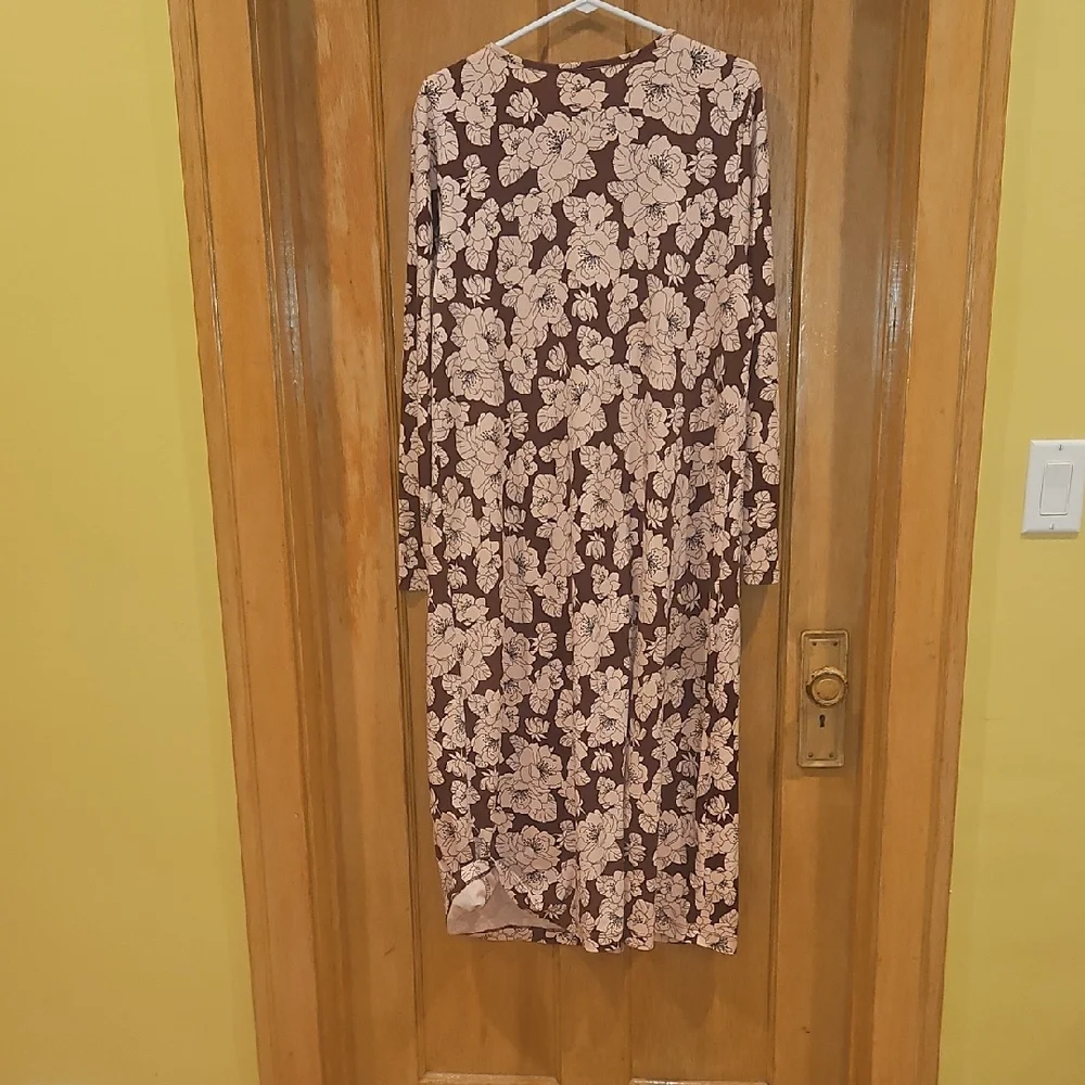 Lands' End Floral Long Sleeve Dress in Brown and Cream